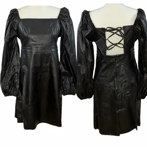 Area Stars Faux Leather Mini Dress Black Long Puff Sleeves Lace Up Square Neck M thumbnail 2