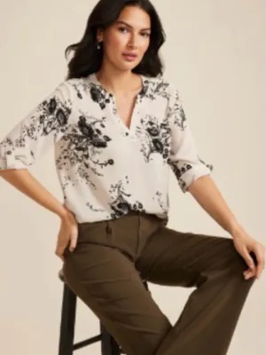 Maurice’s Cream Black Floral Print V-neck Roll-Tab Sleeves Chiffon Blouse Large thumbnail 1