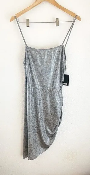 Reformation Dress Flare Ruched Stretchy Asymmetrical Mini‎ Party Silver L NWT thumbnail 1