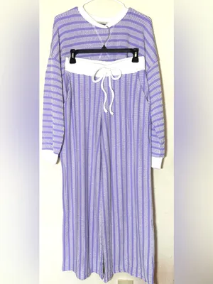 Zenana Raised Rib Striped Pullover & Wide Leg Pants Set Womens Lavender Sz Small thumbnail 2