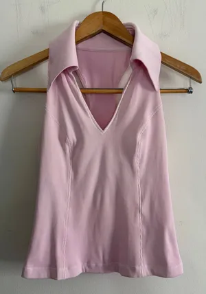 WISKII | Pink Ribbed Sleeveless Collared Polo Tank Top | Medium thumbnail 1