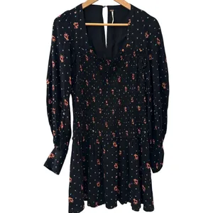 Free People Two Faces Smocked‎ Printed Mini Dress Black Combo Size Large thumbnail 4