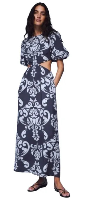 Abercrombie - Short-Sleeve Cutout Maxi Dress Navy Blue White Size M thumbnail 1