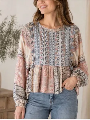 American Eagle BohoPatchwork Peasant Top in Beige, Blush & Light Blue thumbnail 1