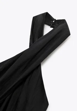 ZARA dress midi black halter neck linen fringed fringes boho thumbnail 13