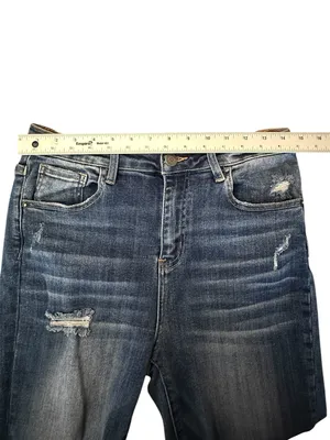 Risen Jeans Women’s 9/29 Mid Rise Distressed Bootcut Jeans Raw Hem Stretch Denim thumbnail 10