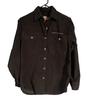 Harley Davidson Womens Black‎ Corduroy Button Up Shirt Long Sleeve Embroidered thumbnail 1