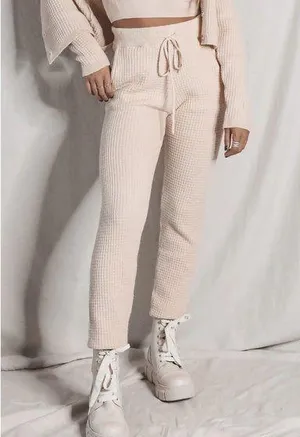 Nia Waffle Knit Stretch Joggers Cream Beige Tan Sz Large L Tall Longer Length thumbnail 1