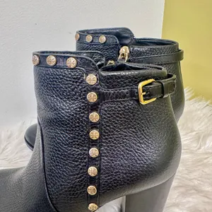 2010s Tory Burch Mae Ankle Boots Bootie Pebbled Leather Black Gold Studs 7.5M thumbnail 9