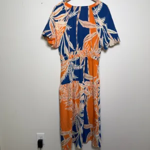 FIG + FLOWER‎ Women Dress Large Tropical Leaf Print Smocked Orange Boho Resort thumbnail 12