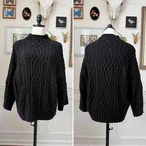 New York & Co Black Fisherman Knit Funnel Neck Boxy Sweater L thumbnail 2