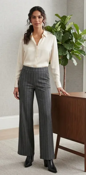 Lee Women's Gray Pinstripe Wide-Leg Trousers with High Waist thumbnail 1