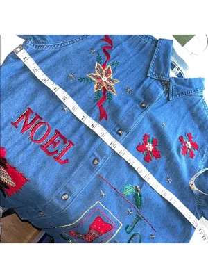 Vintage Jean Shirt Denim Shirt Holiday Embroidery Christmas Cottagecore 90s thumbnail 10