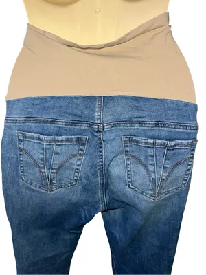 Indigo Blue Skinny Maternity Jeans in Blue with Beige Panel size medium. thumbnail 3