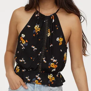 H&M Divided Floral Halter Top Women 4 Black Crochet Boho NWT‎ thumbnail 1