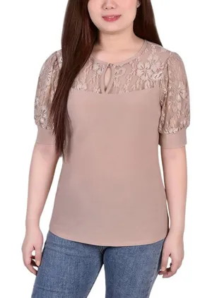 NWT Ny Collection Petites Keyhole Lace Trim Blouse Shirt Top Doeskin Brown PL thumbnail 1