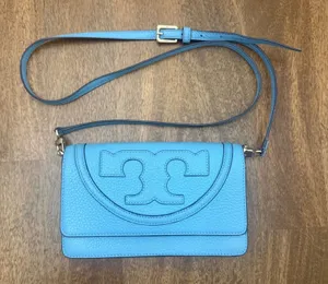 Tory Burch All-T Combo Large Embossed Blue Crossbody Leather bag EUC thumbnail 1