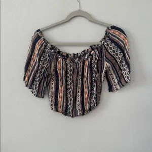 ILLA ILLA Women Crop Top Boho Off Shoulder Geometric Print Navy Orange Small thumbnail 4