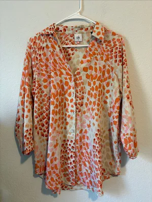 CAbi Cream Button-Down Blouse with Orange and Pink Spot Print XS thumbnail 1