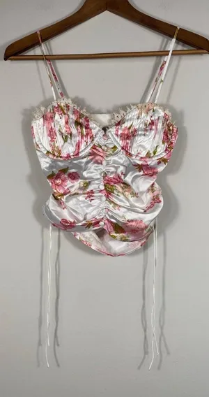 For Love and Lemons Floral Satin Crop Top- Small thumbnail 1