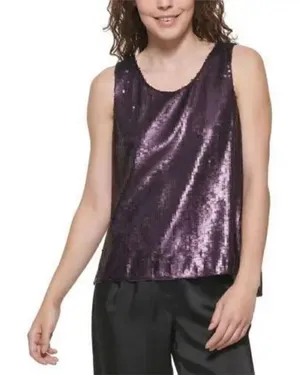 NWT DKNY Sequin Tank Top Womens Regal Purple Split Back P1JA6KDQ‎ Size S thumbnail 1