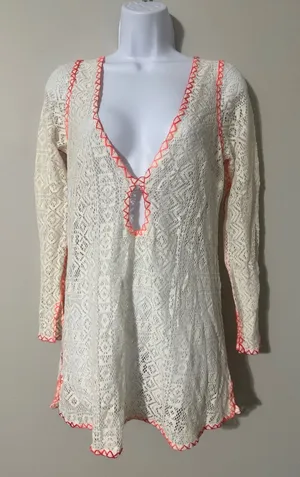 Out‎ From Under Crochet Cover Up Tunic Dress Ivory Orange Trim Backless thumbnail 1