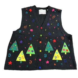 Vintage 2000 Christmas Sweater‎ Vest Womens Medium Trees Black Marisa Christina thumbnail 1