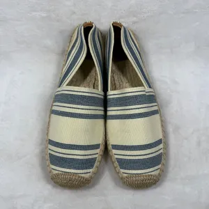 Tory Burch Striped Canvas Espadrille Flats Cream Blue Brown Slip On Shoes 9 thumbnail 3