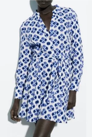 Zara Floral Linen Blend Shirt Dress Sz M Blue Geometric Artsy‎ Button Front Boho thumbnail 1