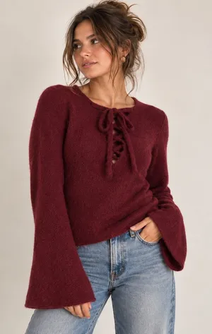 L'AGENCE Candela Lace Up Bell Sleeve Sweater Burgundy Alpaca Wool Blend XS Boho thumbnail 1