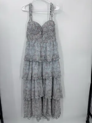 Astr Floral Tiered Maxi Dress in Light Gray and White thumbnail 3