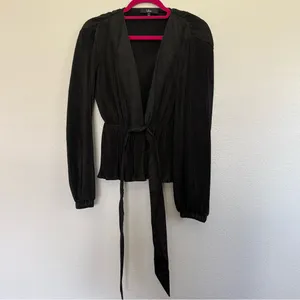 Lulus Sweet Victory Black Pleated Tie Front Long Sleeve Peplum Top XS thumbnail 2