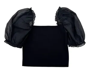 Wilfred‎ Aritzia Black Organza Puff Sleeve Square Neck Knit Top M thumbnail 1