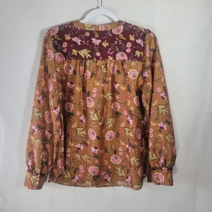 Loft Mixed Media Floral Yoke Blouse M Long Sleeve Split Neck Boho Cottagecore thumbnail 2