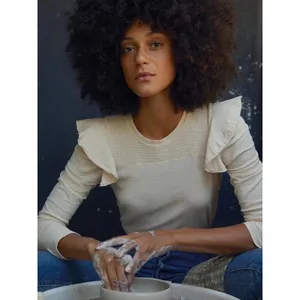 Nation LTD Dalila Victorian Crewneck Ruffled Slub Cotton Tee Antique Cream L thumbnail 2