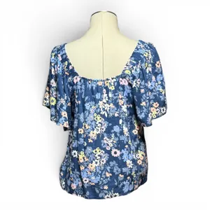 Gap Cotton Short Sleeve Square Neck Top Blue Floral Pink Yellow Medium thumbnail 4