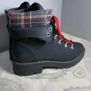 No Boundaries Black Lace-Up Boots with Red Laces and Plaid Cuff thumbnail 2