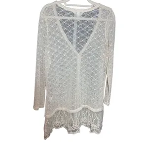 Krazy Kat Ivory Cream Open Knit Long Sleeve Button Front Lace‎ hem Top thumbnail 2