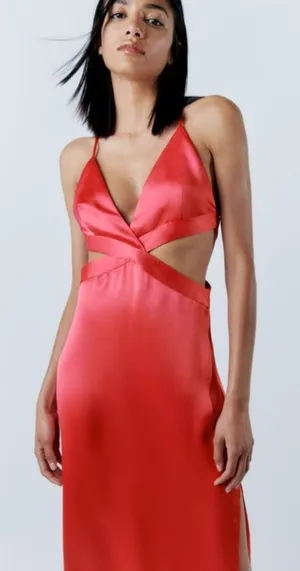 ZARA Pink Satin Midi Dress thumbnail 1