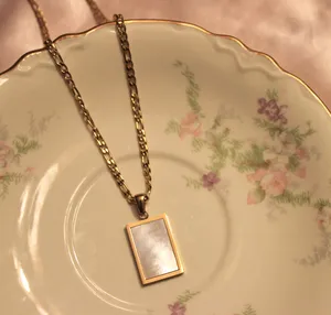 18k gold plated figaro chain with mother of pearl rectangle pendant thumbnail 3