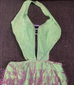 Lime green and purple cut out - mini skirt beaded dance costume thumbnail 3