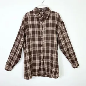 Brown & Cream Plaid Long Sleeve Button Up Flannel Shirt thumbnail 1