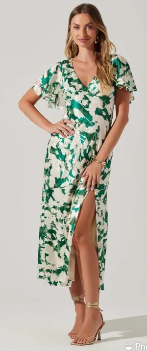 ASTR‎ the Label Velvet Burnout Midi Dress XS Green Floral Open Back Thigh Slit thumbnail 1