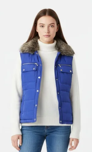Activology Blue Fur Trim Zip Up Quilted Sleeveless Puffer Vest L thumbnail 1