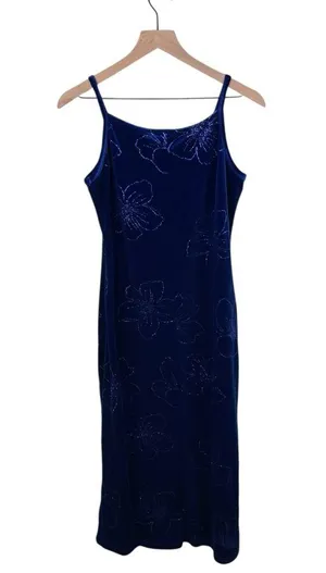 Vintage 90s Y2K Blue Velvet Flower Maxi Slip Dress Whimsigoth Fairycore Medium thumbnail 12