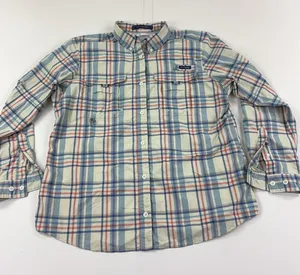 Columbia PFG Super Bahama Shirt Womens Large Beige Plaid Long Sleeve Fishing Sun thumbnail 1