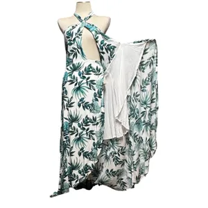 Lulus Marisha White Green Leaf Print Halter Wrap Dress Large thumbnail 6