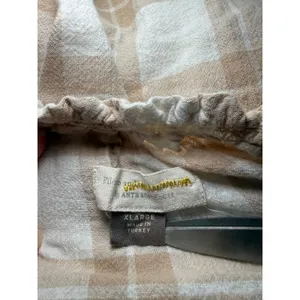 Pilcro and the Letterpress Anthropologie Plaid Peplum Blouse Tan White Fringe Short Sleeve XL Boho thumbnail 6