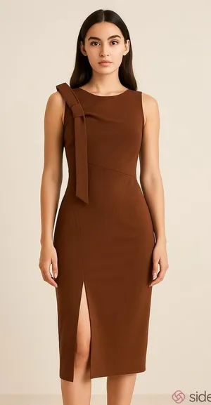 Calvin Klein Brown Bow Shoulder Midi Dress Size 2 thumbnail 1