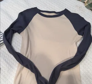 Brandy Melville Navy and Beige Long Sleeve Top thumbnail 1